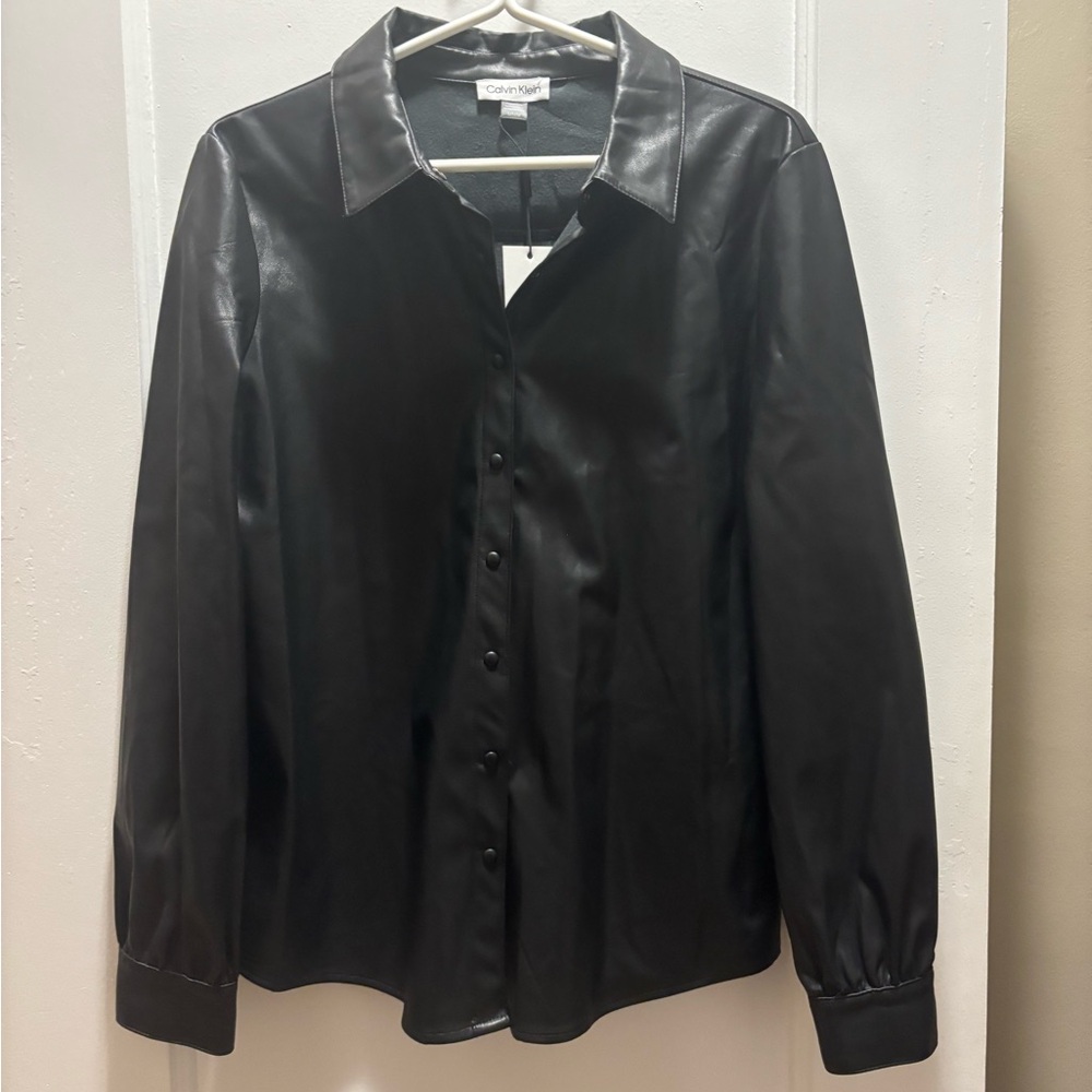 NWT Calvin Klein Black Faux Leather Button-Up Shirt Jacket